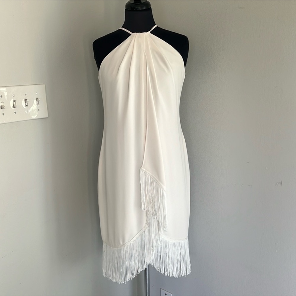 Carmen Marc Valvo White Halter Faux Wrap Fringe Dress SZ 6